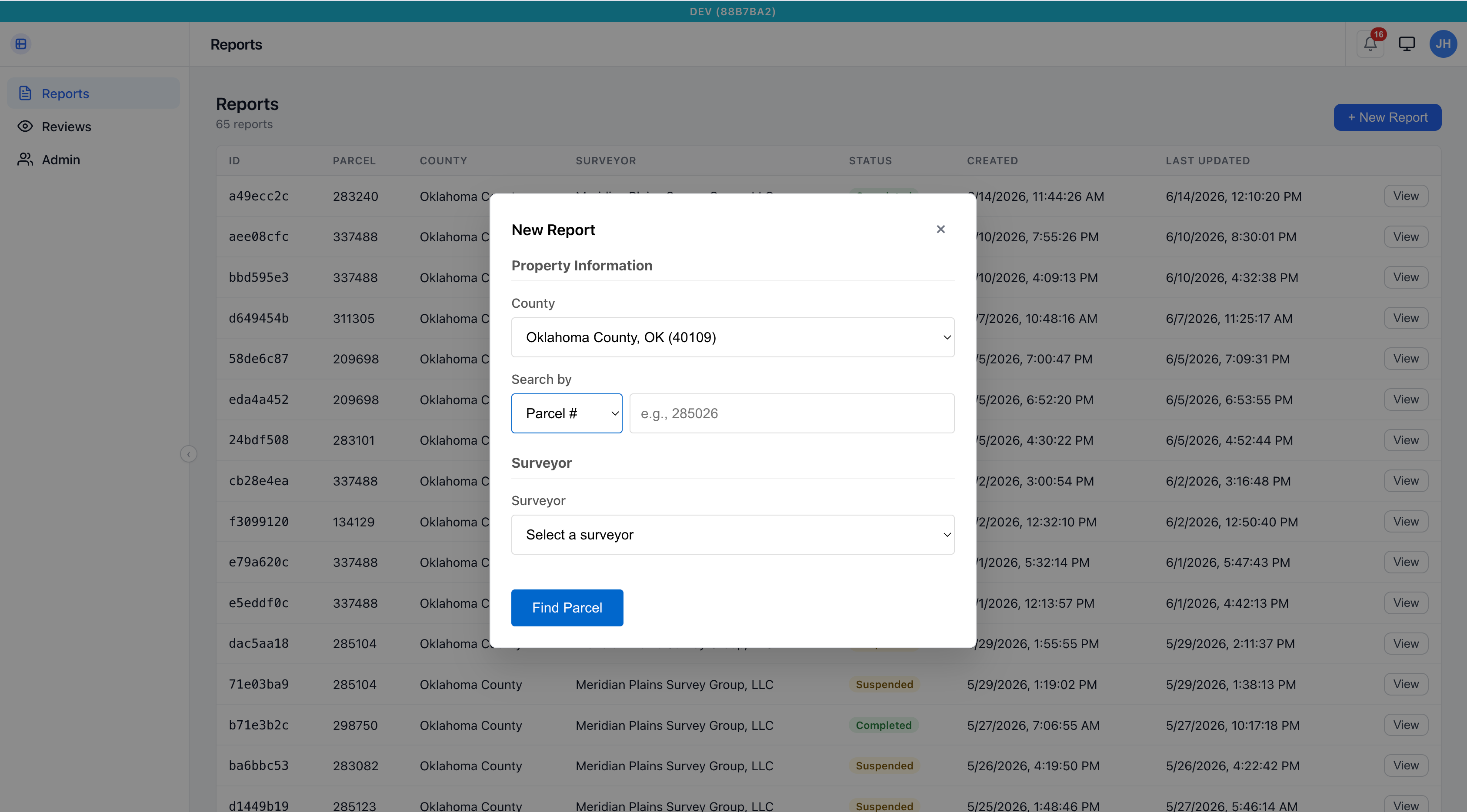 PRG New Report dialog: choosing a county, entering a parcel number, and assigning a surveyor