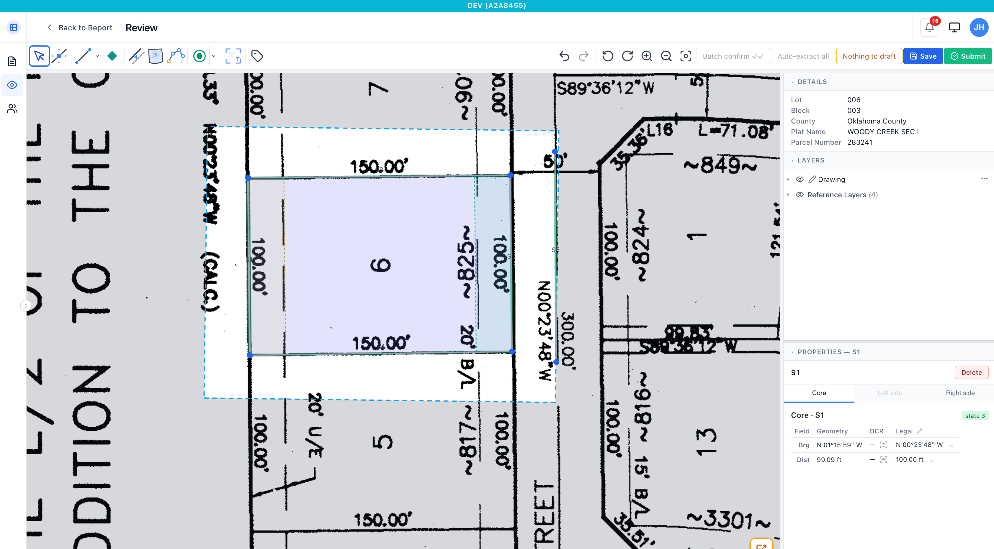 PRG review screen showing the identified lot highlighted on the recorded plat alongside the extracted legal description