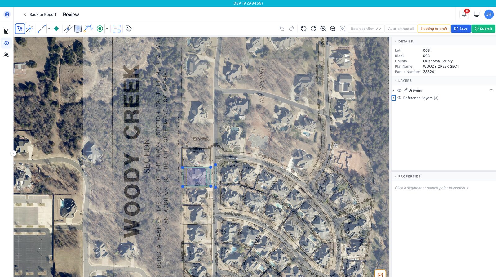 PRG drafting the lot over georeferenced aerial imagery, oriented to the subdivision plat