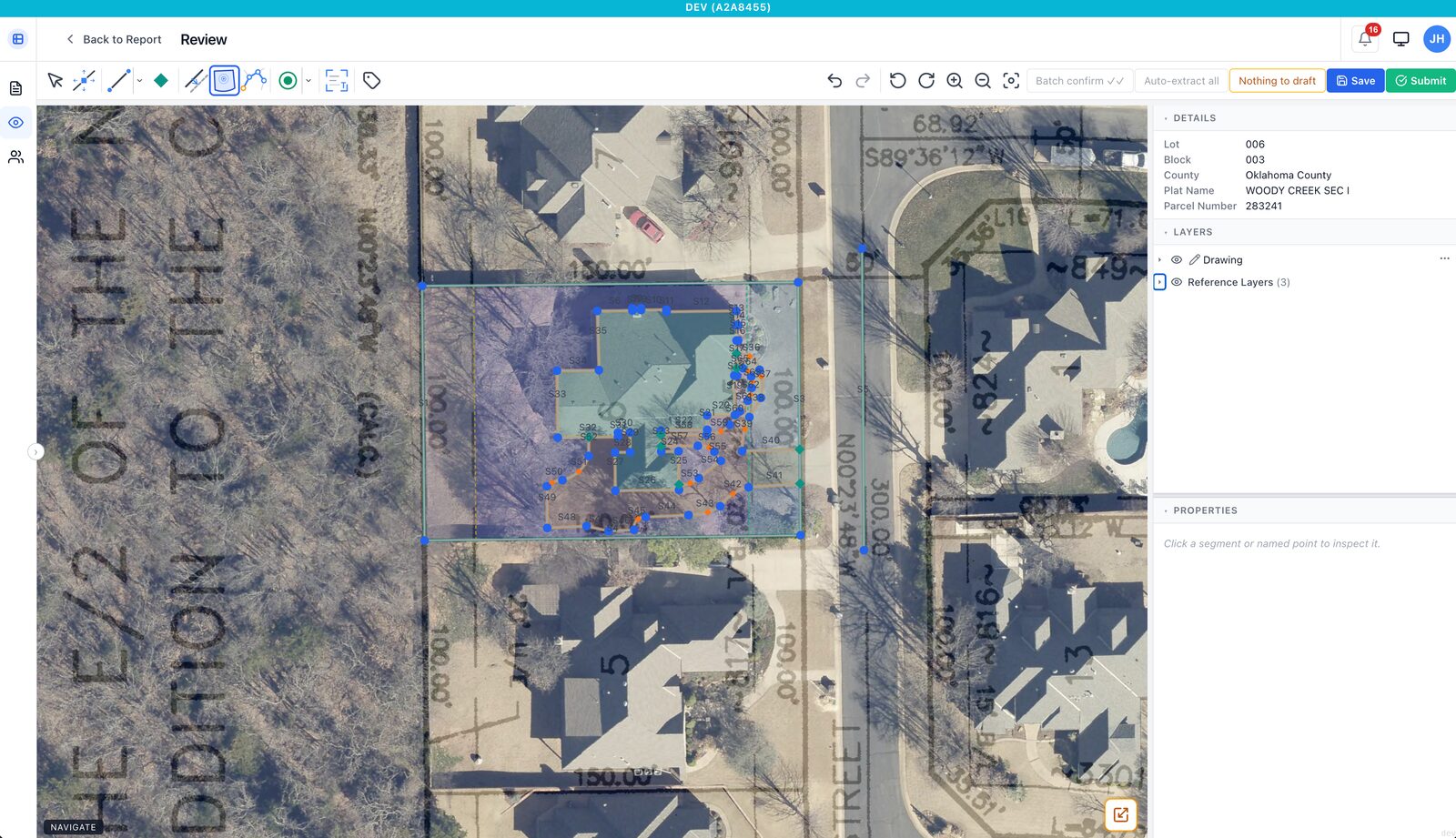 PRG extracting site features — house, flatwork, and fences — from high-resolution aerial and LiDAR data clipped to the parcel