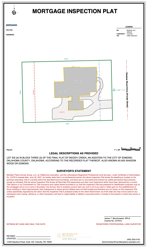 Finished Mortgage Inspection Plat with the lot drawing, legal description, and the surveyor's signed and sealed statement